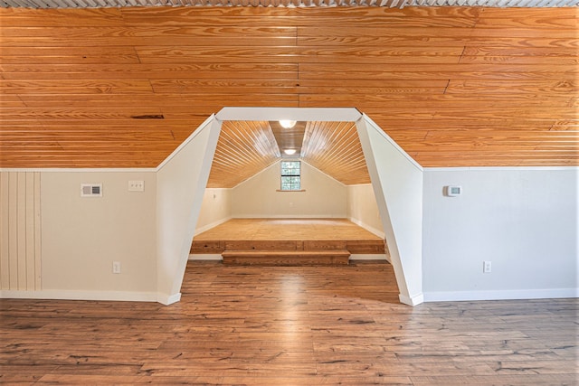 bonus room with lofted ceiling, wood-type flooring, and wood ceiling