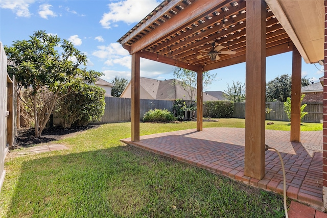 view of yard featuring a patio area and ceiling fan