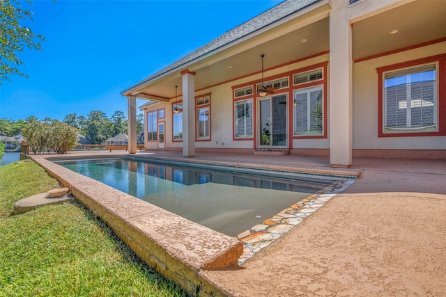 view of pool featuring a patio and ceiling fan