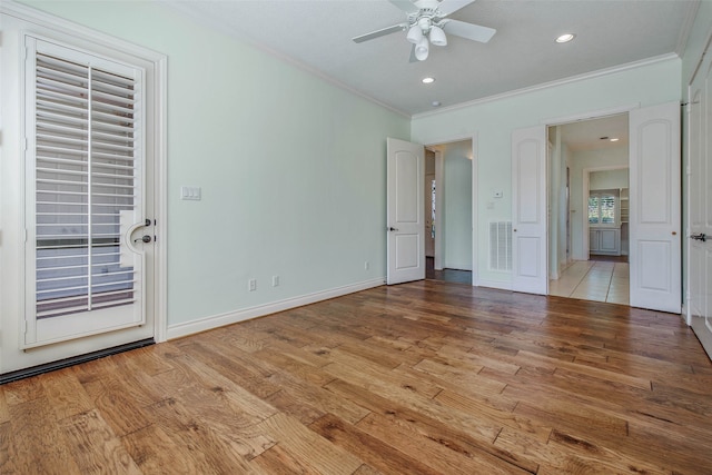 unfurnished bedroom with light hardwood / wood-style flooring, ceiling fan, access to outside, and ornamental molding