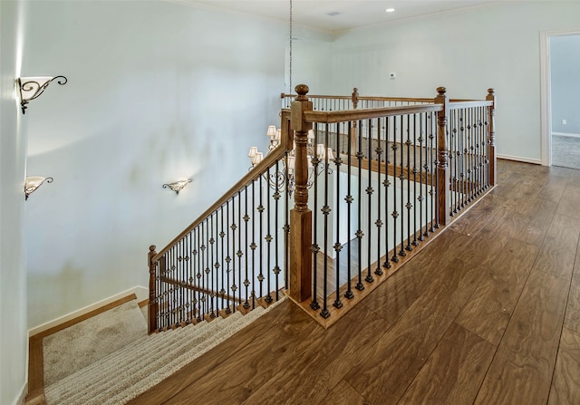 stairs featuring crown molding and hardwood / wood-style floors