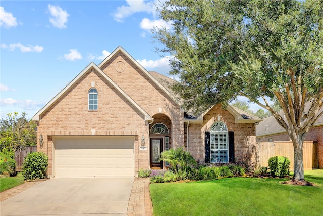 front facade featuring a front lawn and a garage