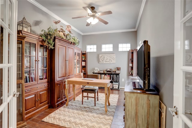 office with crown molding, hardwood / wood-style flooring, and ceiling fan