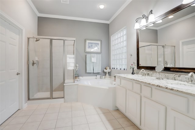 bathroom featuring vanity, crown molding, plus walk in shower, and tile patterned flooring