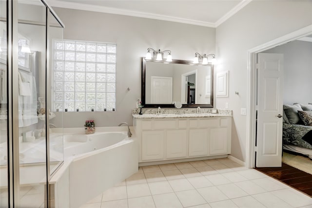 bathroom with vanity, ornamental molding, separate shower and tub, and tile patterned flooring