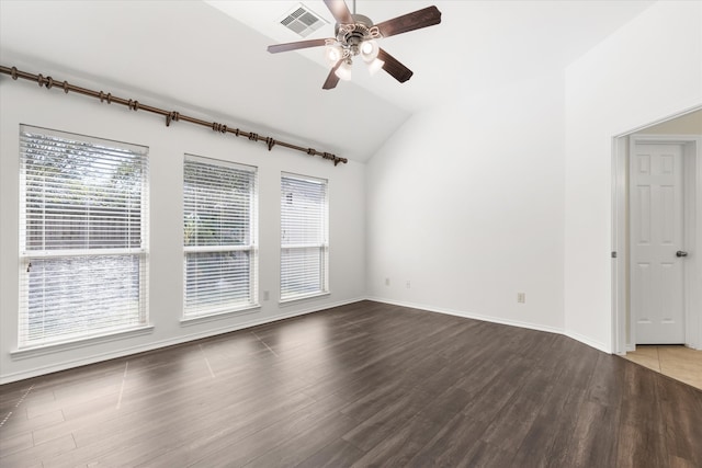 unfurnished room with ceiling fan, lofted ceiling, and hardwood / wood-style floors