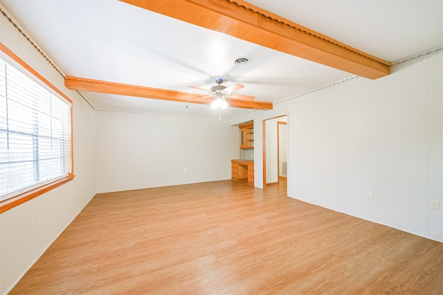 unfurnished living room with ceiling fan, beam ceiling, and hardwood / wood-style floors