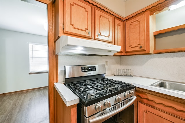 kitchen featuring gas stove, wood-type flooring, and decorative backsplash