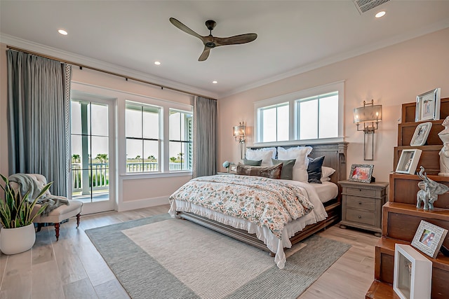 bedroom featuring light wood-type flooring, access to outside, ceiling fan, and ornamental molding