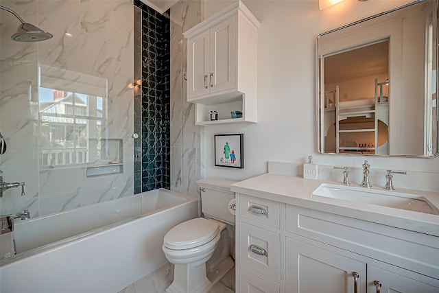 full bathroom with tiled shower / bath combo, toilet, and vanity