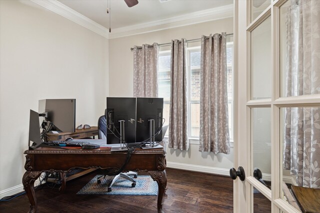 office featuring ceiling fan, dark hardwood / wood-style floors, and crown molding