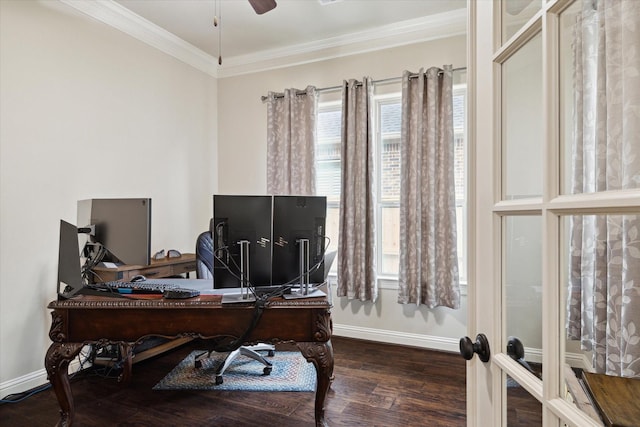 office with ceiling fan, wood finished floors, baseboards, and ornamental molding