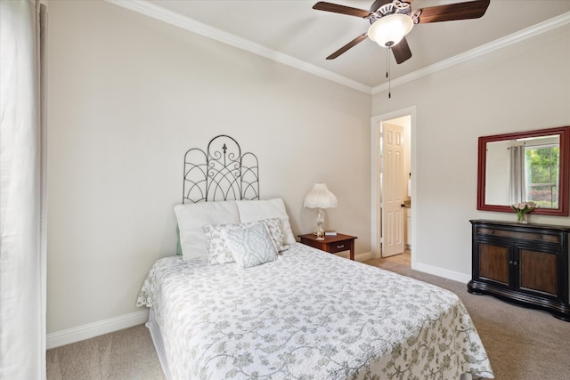 bedroom with light carpet, ceiling fan, and ornamental molding