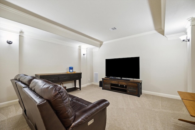 living room featuring light colored carpet, ornamental molding, and visible vents
