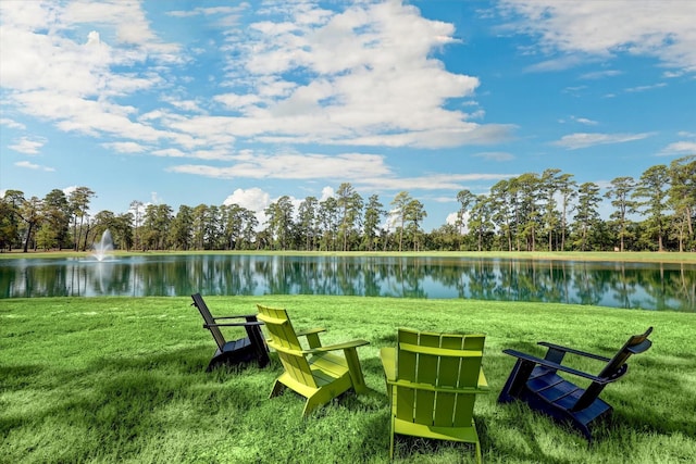 surrounding community featuring a lawn and a water view