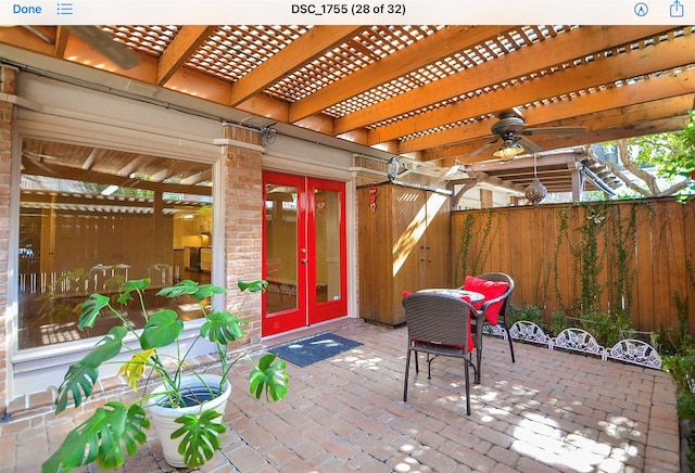 view of patio with french doors, ceiling fan, and a pergola