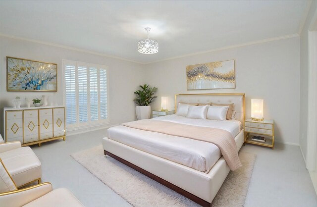 carpeted bedroom with crown molding