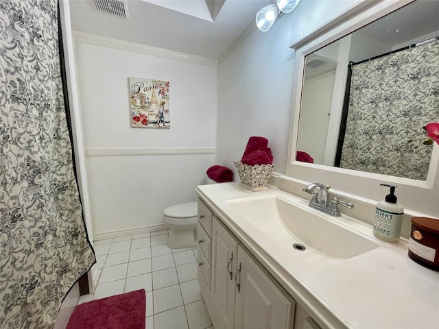 full bathroom featuring crown molding, vanity, tile patterned flooring, visible vents, and toilet