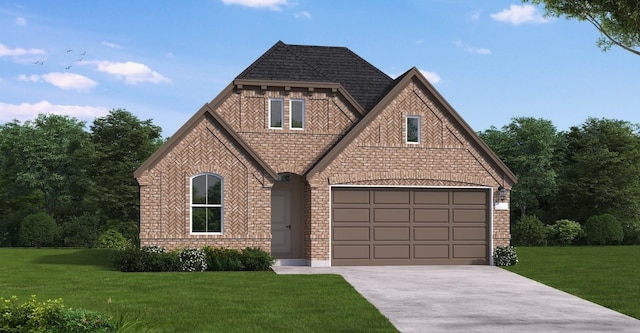 tudor-style house with a garage and a front lawn