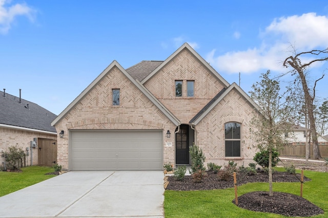 view of front of home featuring driveway, a garage, brick siding, fence, and a front yard