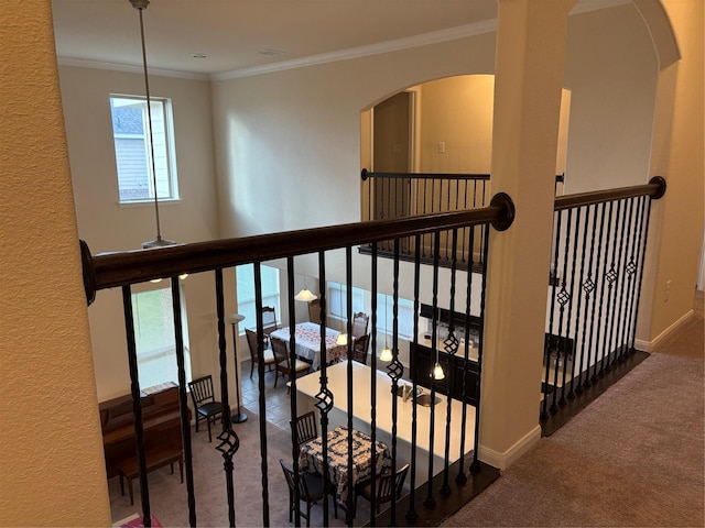 331 W Bend Dr, League City, TX 77573 - stairs with carpet, arched walkways, and ornamental molding