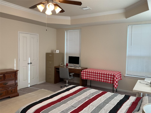 331 W Bend Dr, League City, TX 77573 - carpeted bedroom with ornamental molding, a desk, and ceiling fan