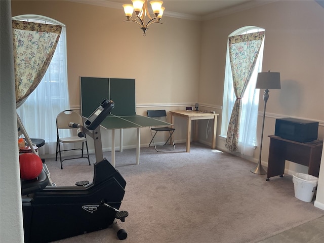 331 W Bend Dr, League City, TX 77573 - workout room featuring crown molding, a chandelier, and carpet floors