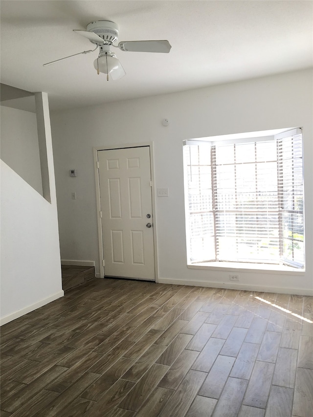 foyer with ceiling fan, dark wood-type flooring, and a wealth of natural light