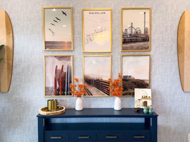 detailed view of wallpapered walls and arched walkways