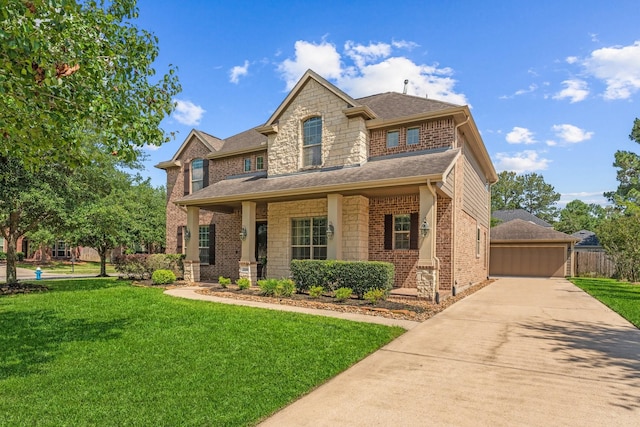 view of front of home featuring a garage, a front lawn, and covered porch