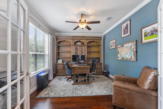 office space with crown molding, dark hardwood / wood-style flooring, and ceiling fan