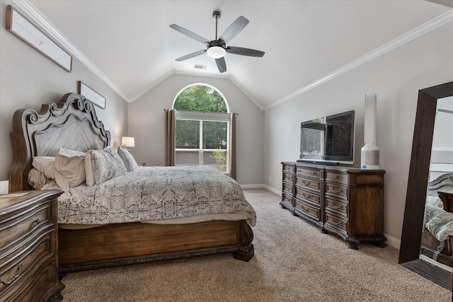 bedroom featuring ceiling fan, ornamental molding, lofted ceiling, and carpet flooring