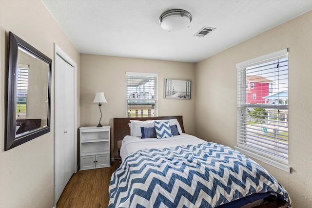 bedroom with multiple windows, dark wood-type flooring, and a closet