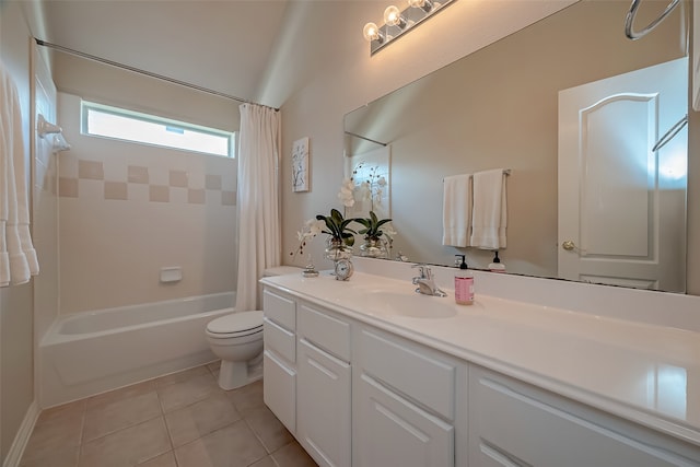 full bathroom with tile patterned floors, vanity, toilet, and shower / bathtub combination with curtain