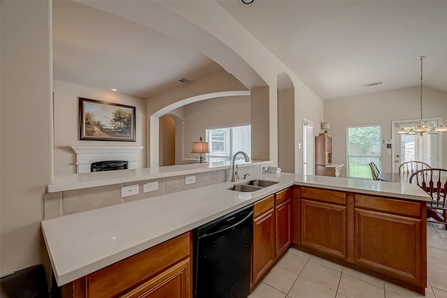 kitchen with sink, black dishwasher, light tile patterned flooring, kitchen peninsula, and a chandelier