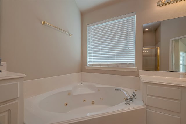 bathroom with vanity and independent shower and bath