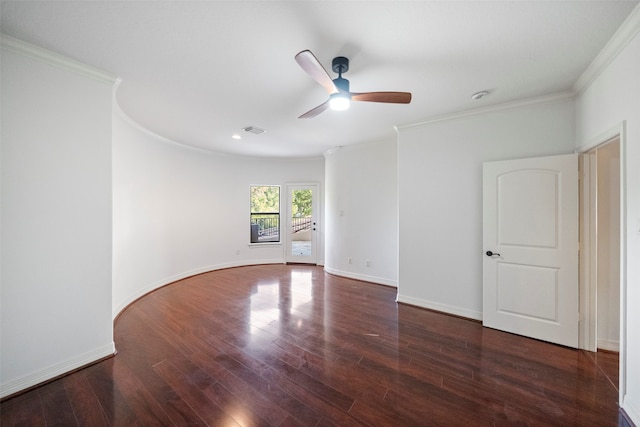 unfurnished room featuring ceiling fan, crown molding, and dark wood-type flooring