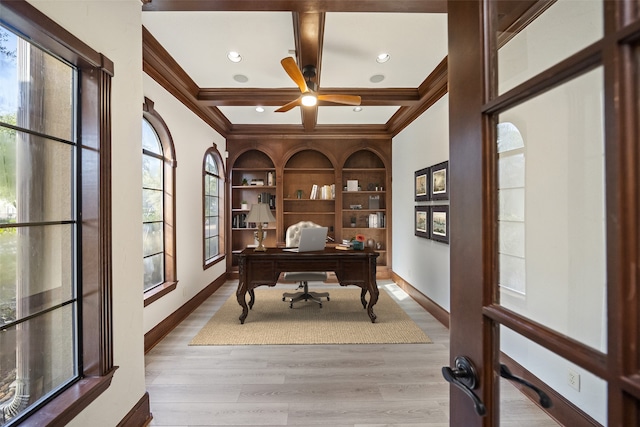 office with coffered ceiling, light wood-type flooring, beam ceiling, ceiling fan, and ornamental molding