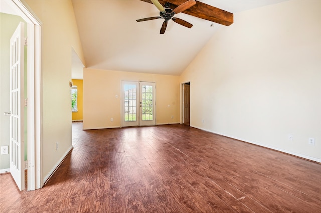 empty room with beam ceiling, high vaulted ceiling, dark hardwood / wood-style flooring, ceiling fan, and french doors