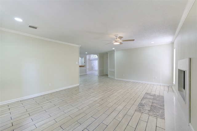 unfurnished living room featuring crown molding, a textured ceiling, light wood-type flooring, and ceiling fan