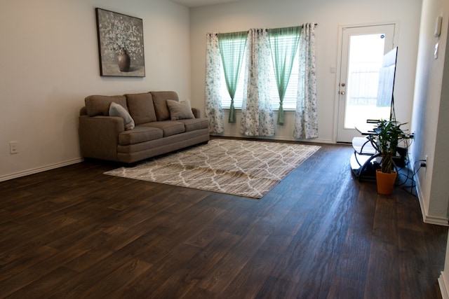 living room featuring a wealth of natural light and dark hardwood / wood-style flooring