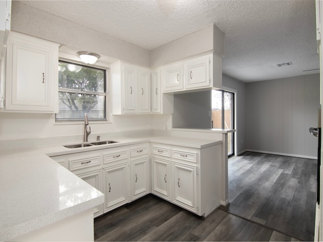 kitchen featuring kitchen peninsula, white cabinets, sink, and dark hardwood / wood-style floors