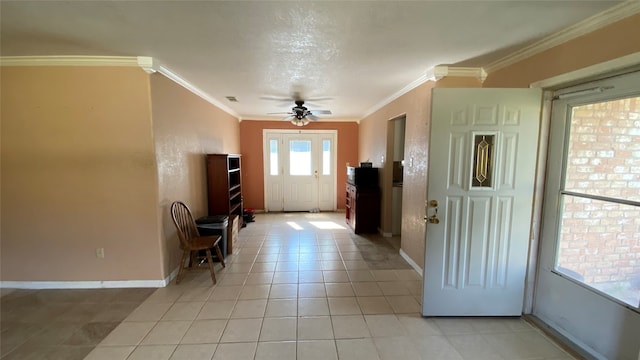 doorway to outside with ceiling fan, light tile patterned flooring, and crown molding