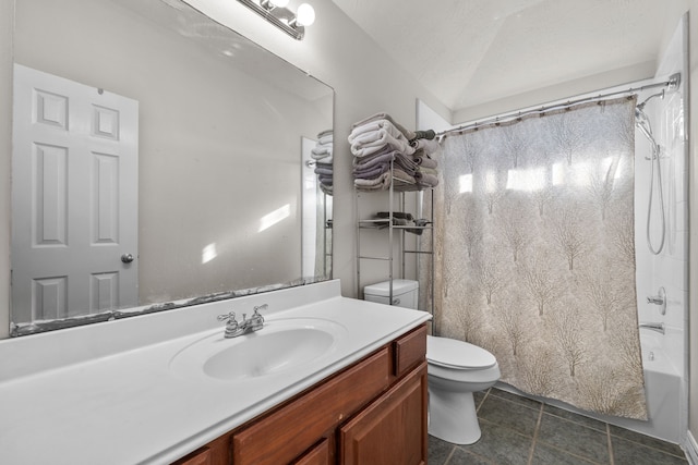 bathroom with tile patterned flooring, shower / bath combo, vanity, and toilet