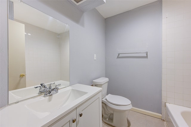 full bathroom featuring vanity, shower with separate bathtub, toilet, and tile patterned floors