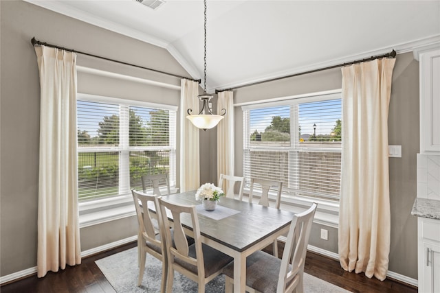 dining space featuring lofted ceiling, plenty of natural light, and dark wood-type flooring