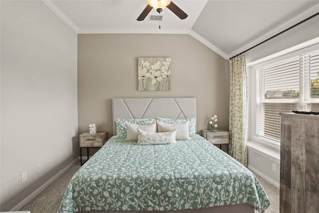 carpeted bedroom with ceiling fan, lofted ceiling, ornamental molding, and multiple windows