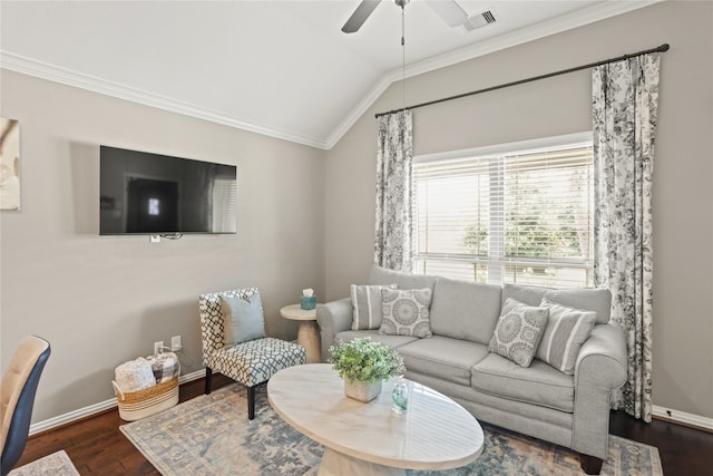 living room featuring vaulted ceiling, ceiling fan, crown molding, and dark hardwood / wood-style flooring