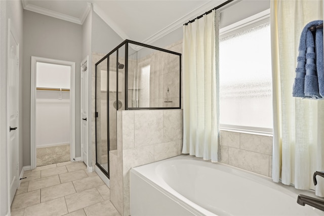 bathroom with separate shower and tub, tile patterned flooring, and ornamental molding