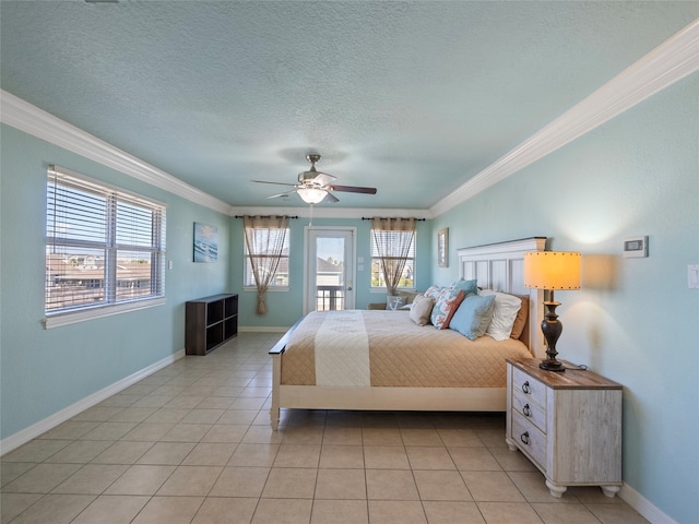 bedroom featuring ceiling fan, a textured ceiling, ornamental molding, and light tile patterned floors